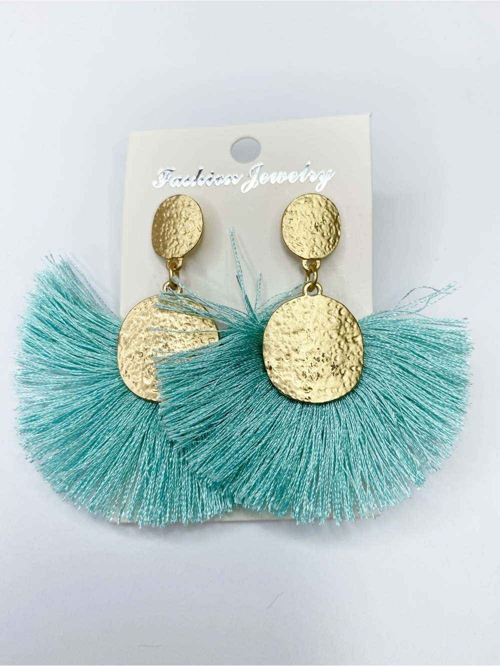 Boho Aqua Tassel Fan Earrings Gold Hammered Disc Statement Fringe Earrings